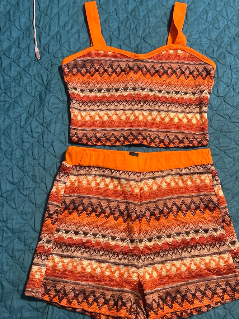 Shein Orange Striped Knit Crop Top & Shorts Set